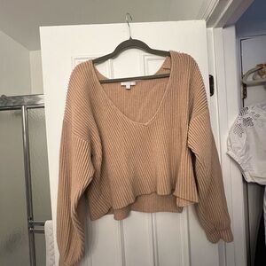 lunya Ribbed V-Neck Cropped Sweater in Tan